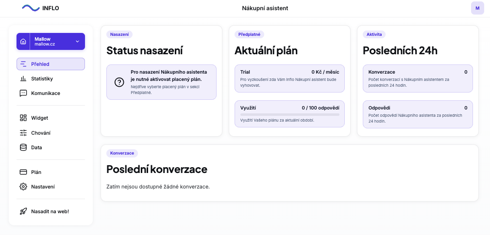 INFLO dashboard — přehled konverzací a statistik