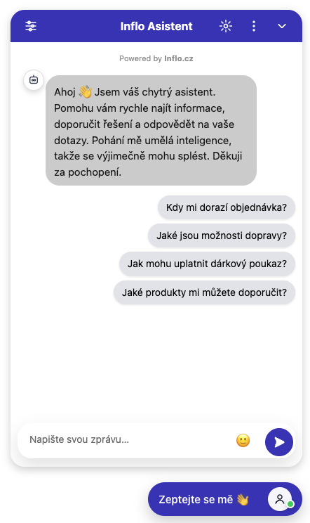 INFLO chatbot widget na e-shopu