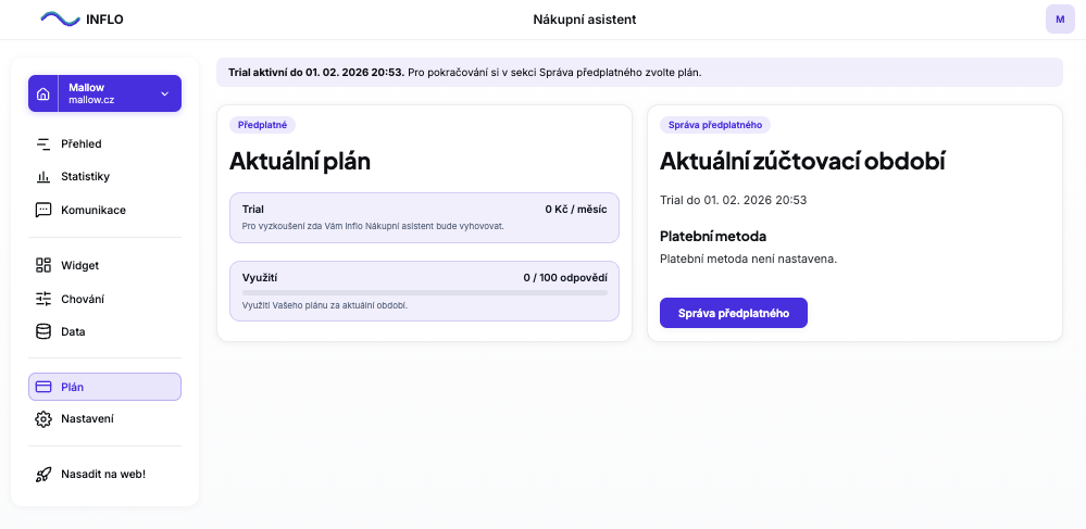Ukázka aplikace — přehled financí