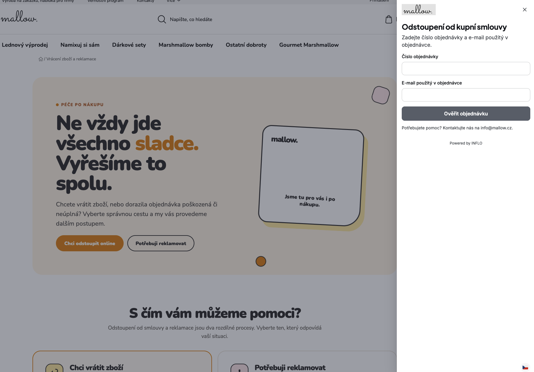 Formulář odstoupení otevřený v bočním panelu e-shopu Mallow