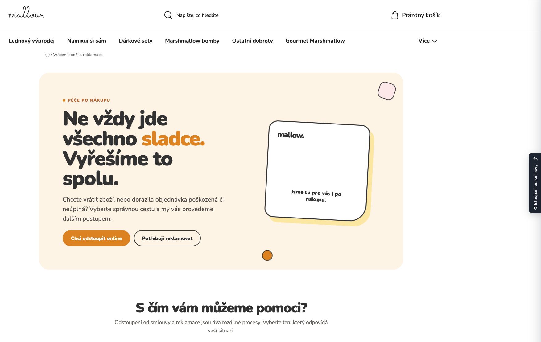 Stránka e-shopu Mallow s viditelným vstupem pro odstoupení od smlouvy