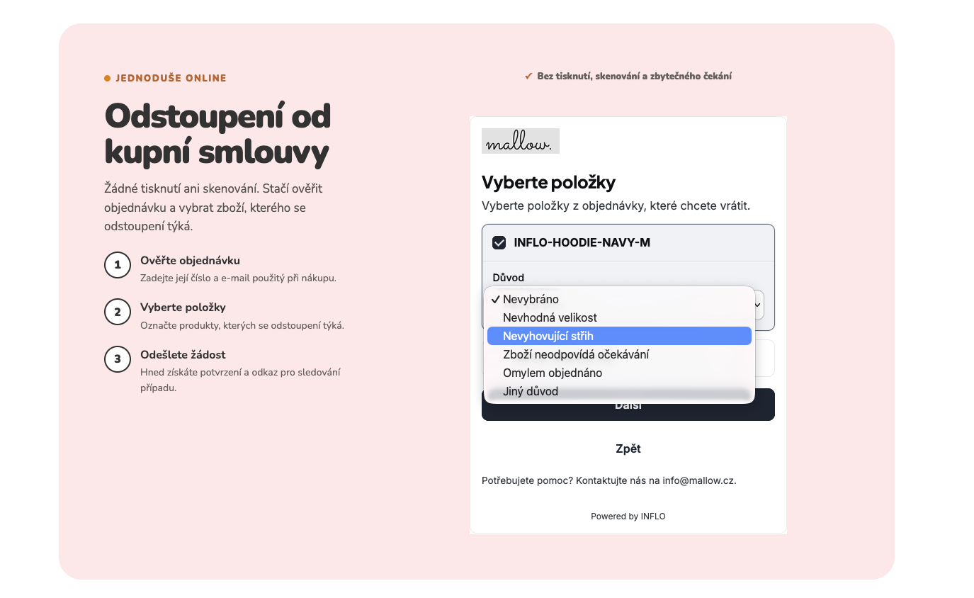 Výběr položek a důvodu odstoupení