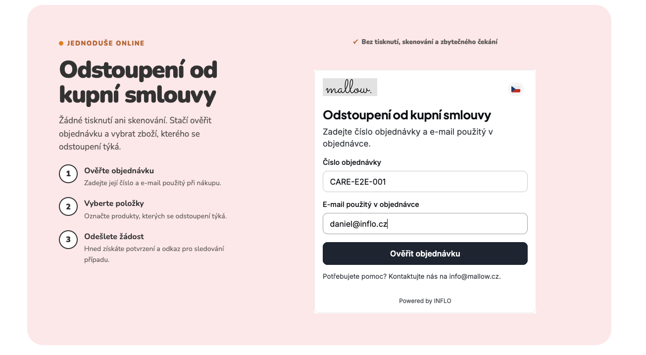 Ověření objednávky ve formuláři odstoupení od smlouvy