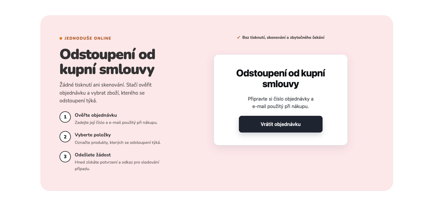 Úvodní obrazovka online odstoupení od kupní smlouvy