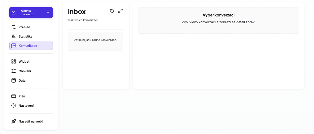 Ukázka aplikace — inbox a převzetí chatu